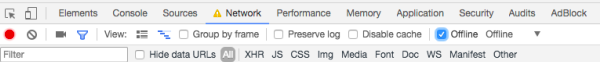 The offline checkbox in the Network tab is checked