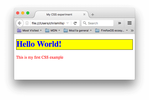 A simple webpage containing a header of Hello World, and a paragraph that says This is my first CSS example