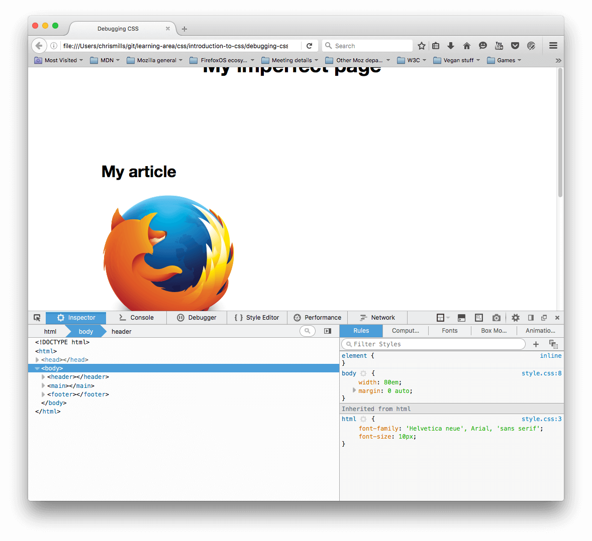 The Firefox page inspector, showing the DOM inspector on the left, and the CSS editor on the right. invalid CSS is crossed out and has a warning symbol 