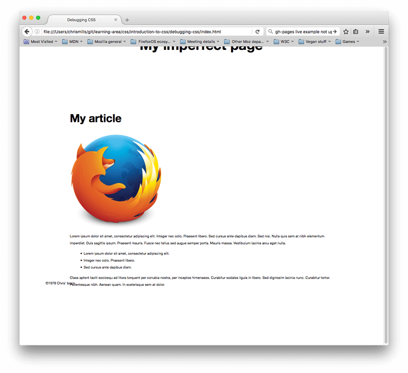Our example webpage in a broken state. There is a heading of My article in the middle and a Firefox logo, but everything else is small and not easily visible.