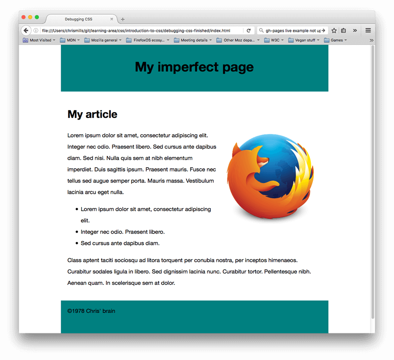 our example webpage with the problems fixed. The Firefox logo has been floated to the right, and the main heading and body text are now visible and well placed.