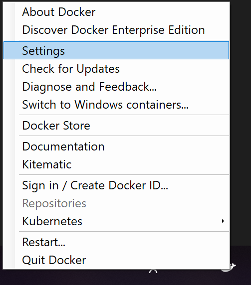 Docker Desktop for Windows popup menu