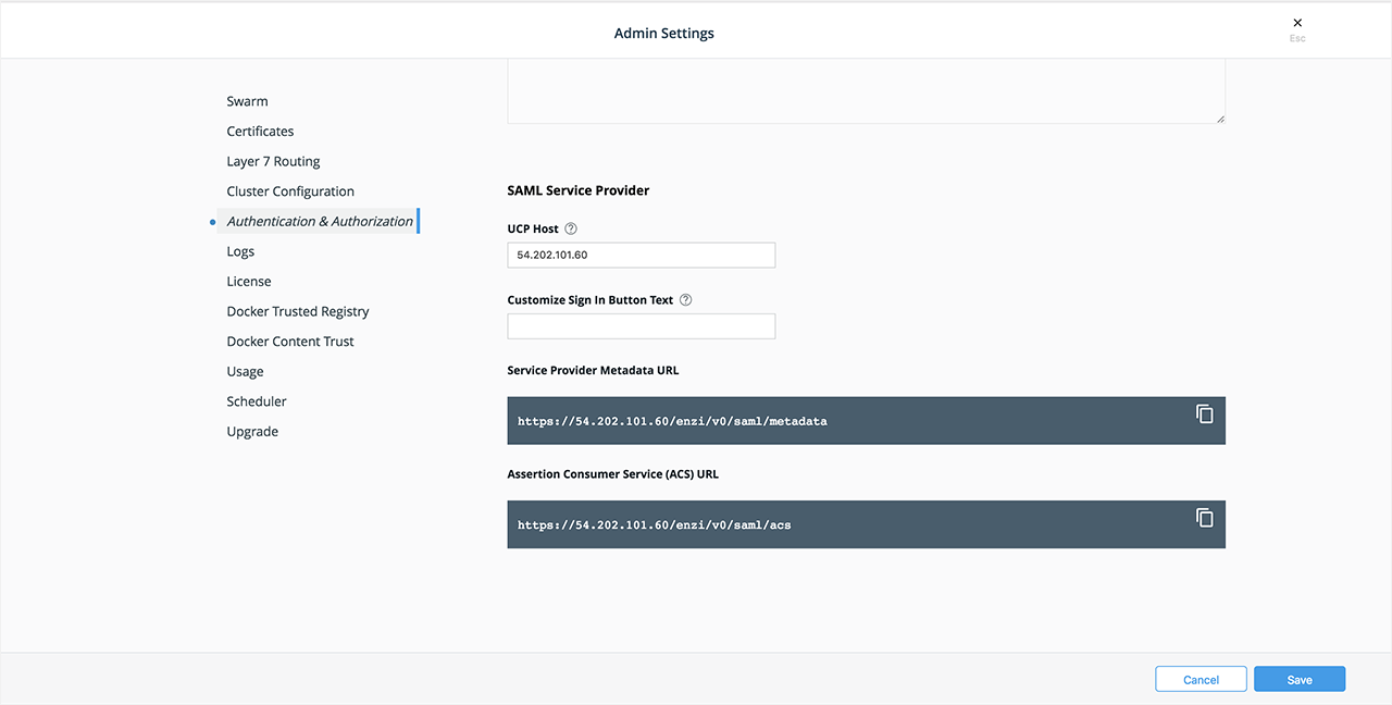 Configuring service provider values for SAML in UCP