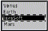 Shows a list containing: Venus, Earth, JavaSoft, and Mars. Javasoft is selected.