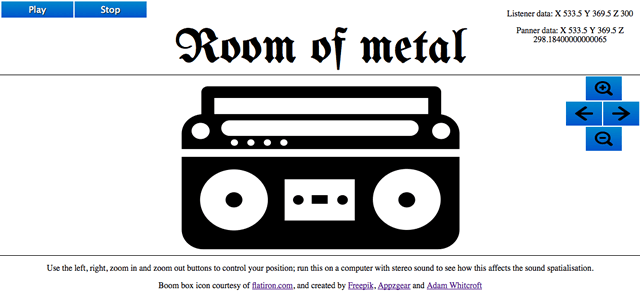 a minimal UI with a portable stereo in the center of it, and buttons marked play, stop, left arrow, right arrow, zoom in and zoom out. It says Room of Metal at the top.