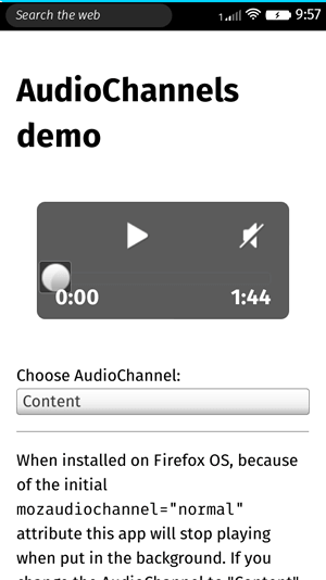 A demo showing a title of AudioChannels demo, with an audio player and a select box to choose an audio channel to play the audio in.