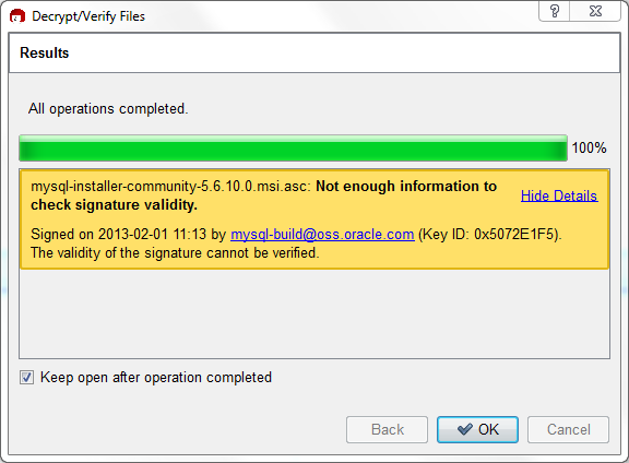 Yellow portion of the results window shows "Not enough information to check signature validity" and "The validity of the signature cannot be verified." Also shown is key information, such as the KeyID and email address, the key's sign on date, and also displays the name of the ASC file..