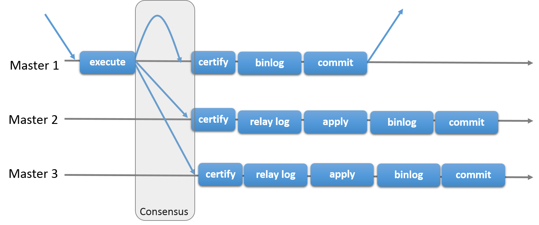 A transaction received by Master 1 is executed. Master 1 then sends a message to the replication group, consisting of itself, Master 2, and Master 3. When all three members have reached consensus, they certify the transaction. Master 1 then writes the transaction to its binary log, commits it, and sends a response to the client application. Masters 2 and 3 write the transaction to their relay logs, then apply it, write it to the binary log, and commit it.
