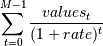 \sum_{t=0}^{M-1}{\frac{values_t}{(1+rate)^{t}}}