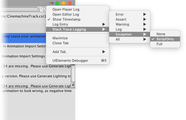 Stack trace options