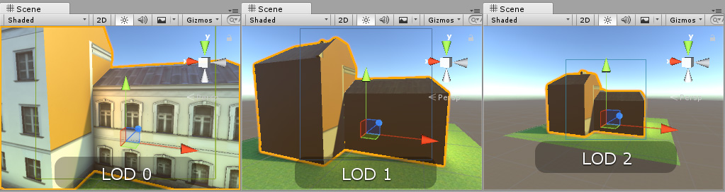 The LOD 1 and LOD 2 models here are lit incorrectly because light probes have not been placed around the model in the scene. They only show direct lighting.