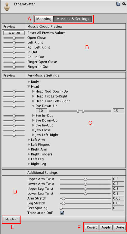 Unity - Manual: Avatar Muscle & Settings tab
