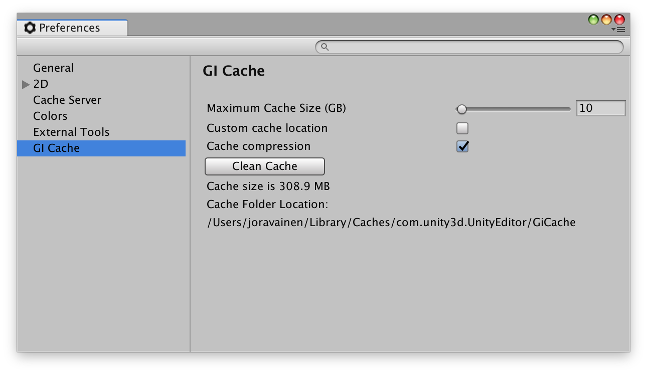 GI Cache scope on the Preferences window