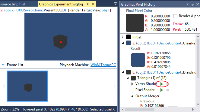 Captured frame, History, and selecting a <span class=