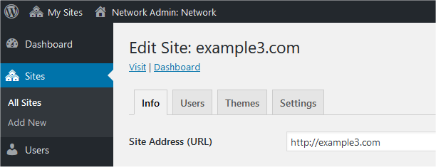 Properties of a site in a network. The site's URL is http://example3.com/