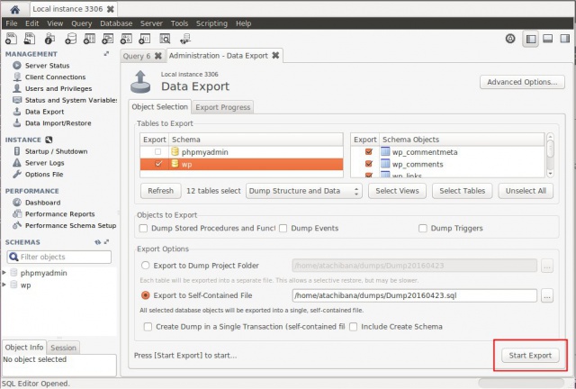Data Export selected database