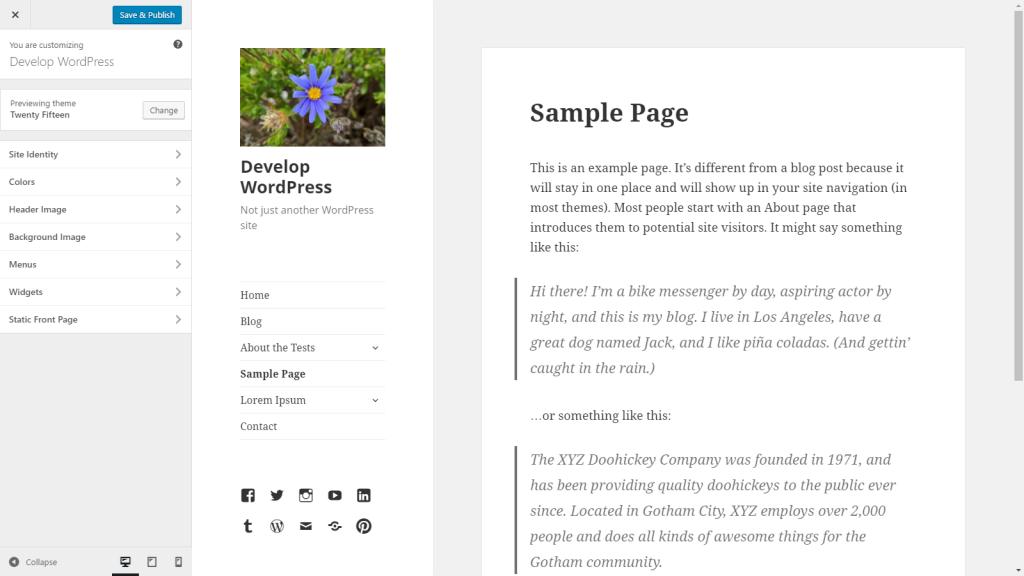 The customizer as it appears in WordPress 4.6 with the Twenty Fifteen theme.